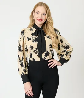 Unique Vintage Taupe & Black Floral Long Sleeve Gwen Blouse