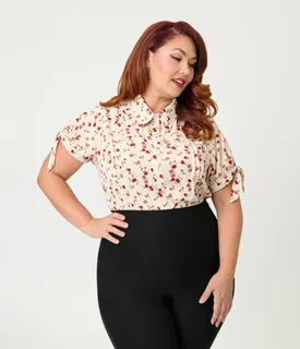 Unique Vintage Plus Size Light Pink & Floral Print Colvin Blouse