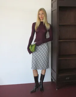 Azila Midi Skirt in Chiffon Blue and Brown Check